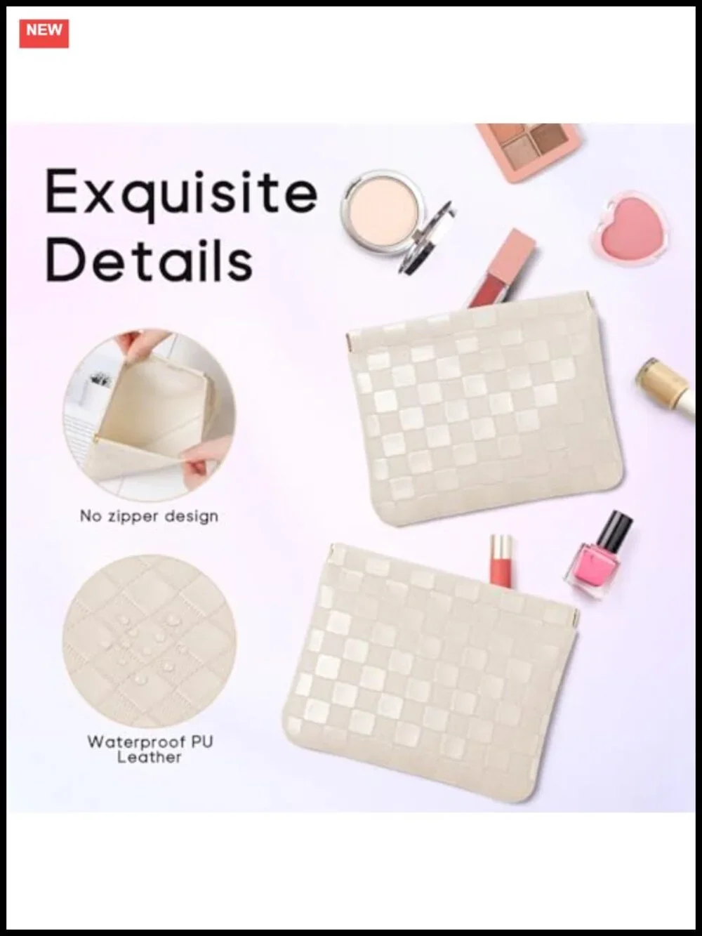 2PCS PU Leather Cosmetic Pouch Makeup Bag Checkered Travel Organizer